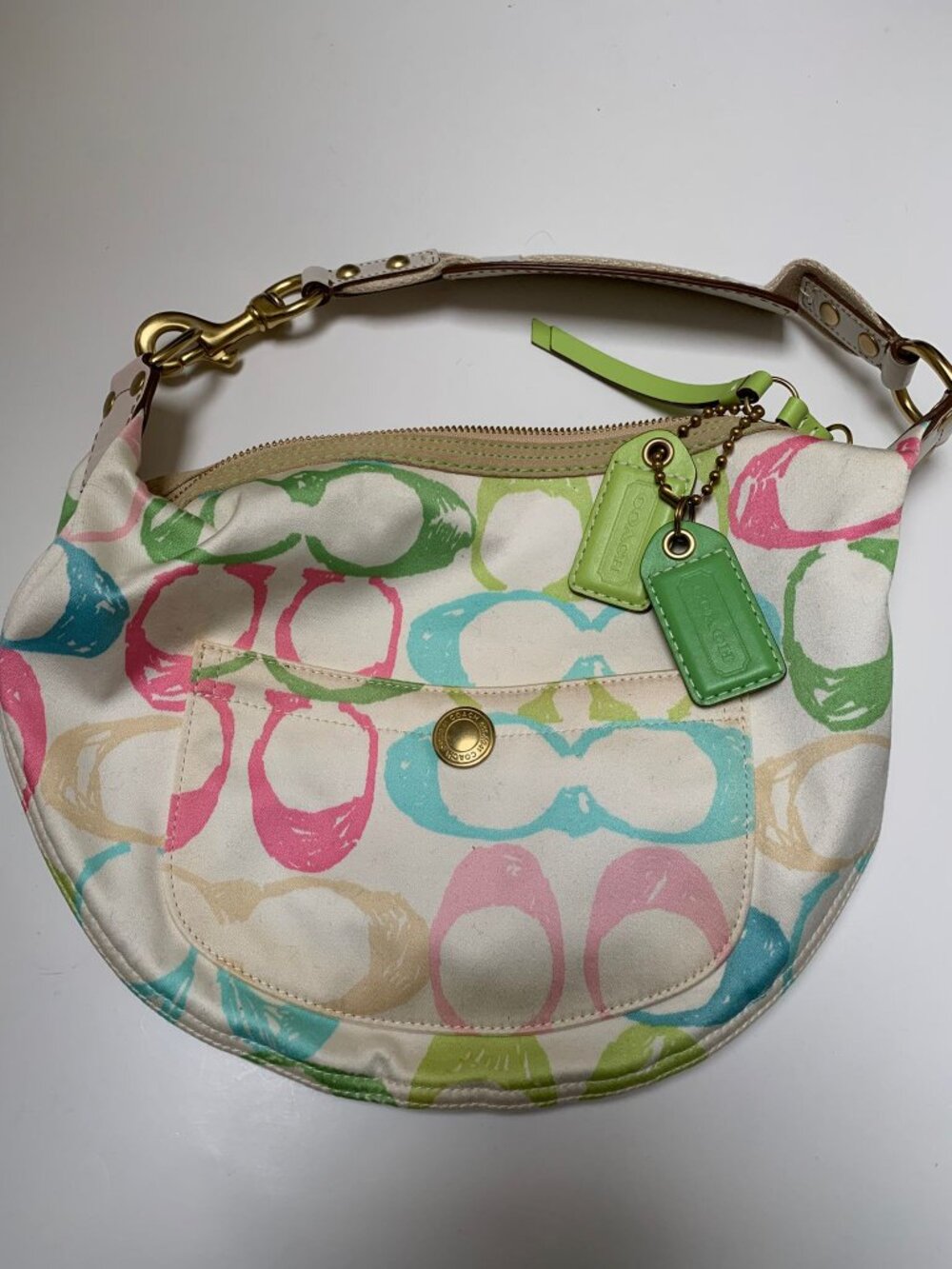 BNWOT Vintage Coach Rainbow Logo Fabric and Leather Trim Hobo Bag